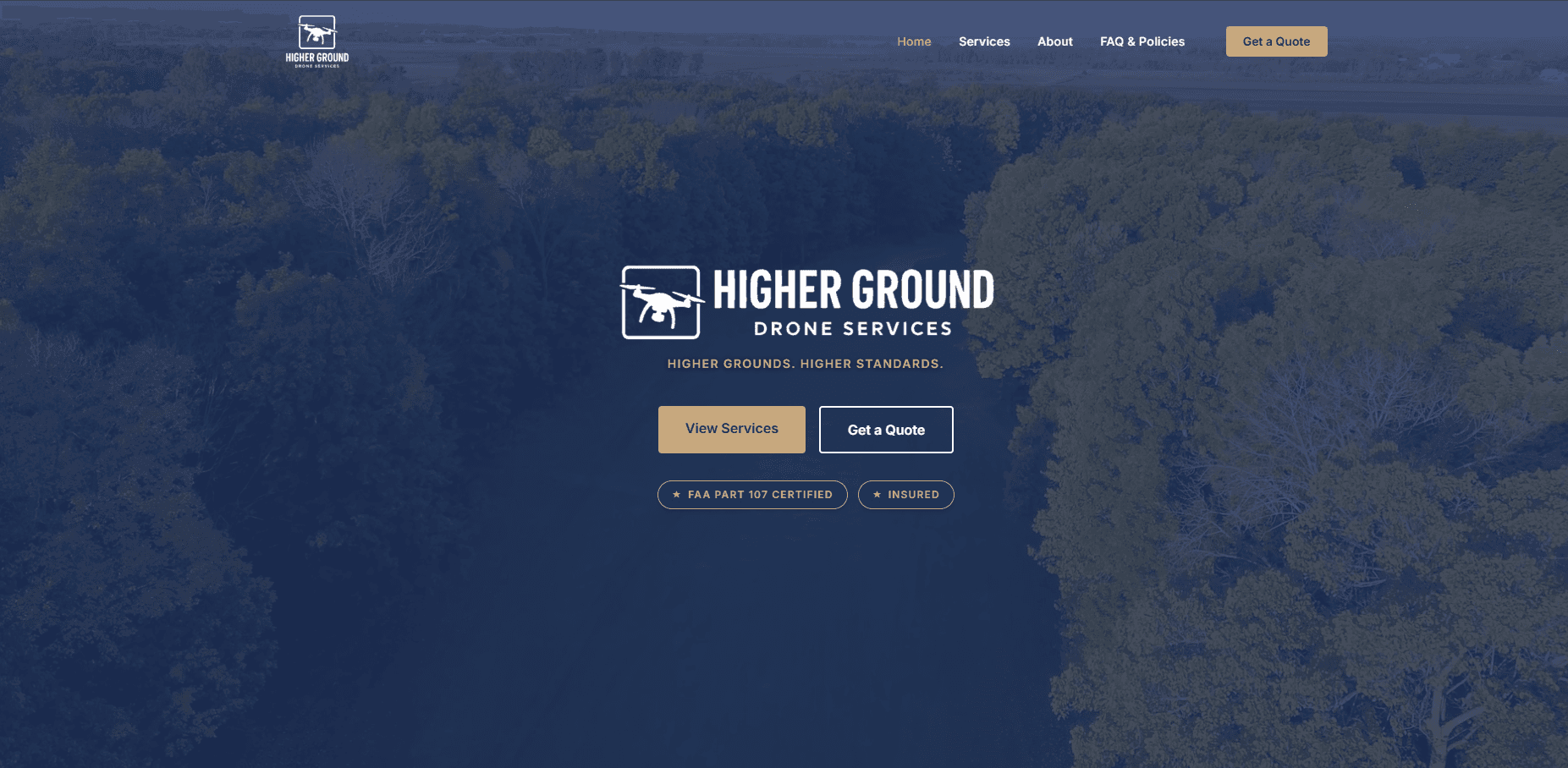 Higher Ground Drone Services website — professional aerial services with tiered pricing
